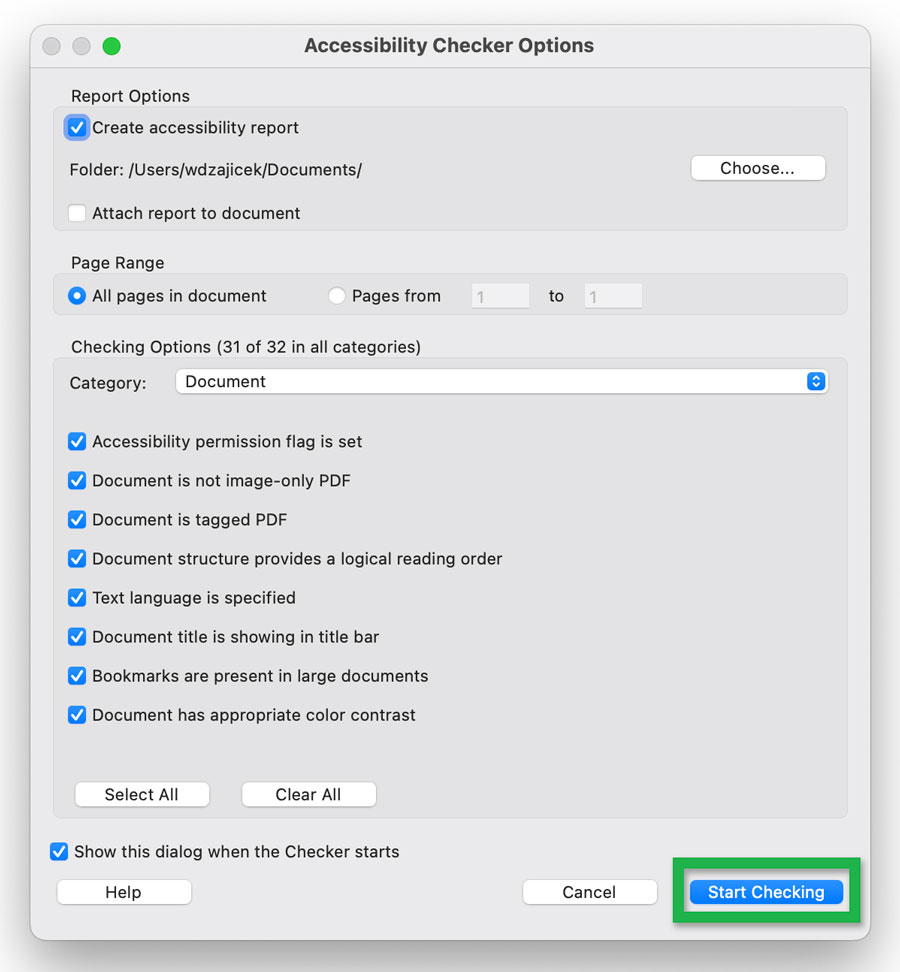 Screenshot highlighting 'Start Checking' button in the 'Accessibility Checker Options' window.