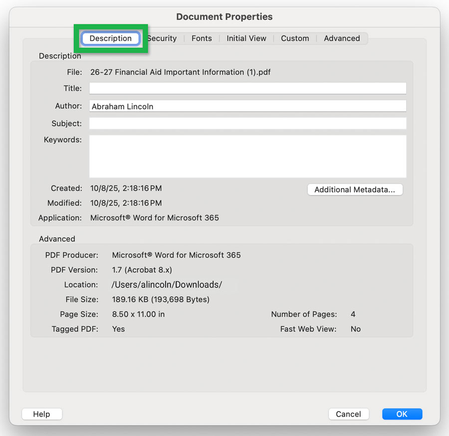 Screenshot highlighting the 'Description' tab in the 'Document Properties' window of Acrobat.