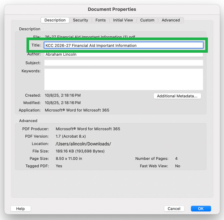 Screenshot highlighting the 'Description' tab in the 'Document Properties' window of Acrobat.
