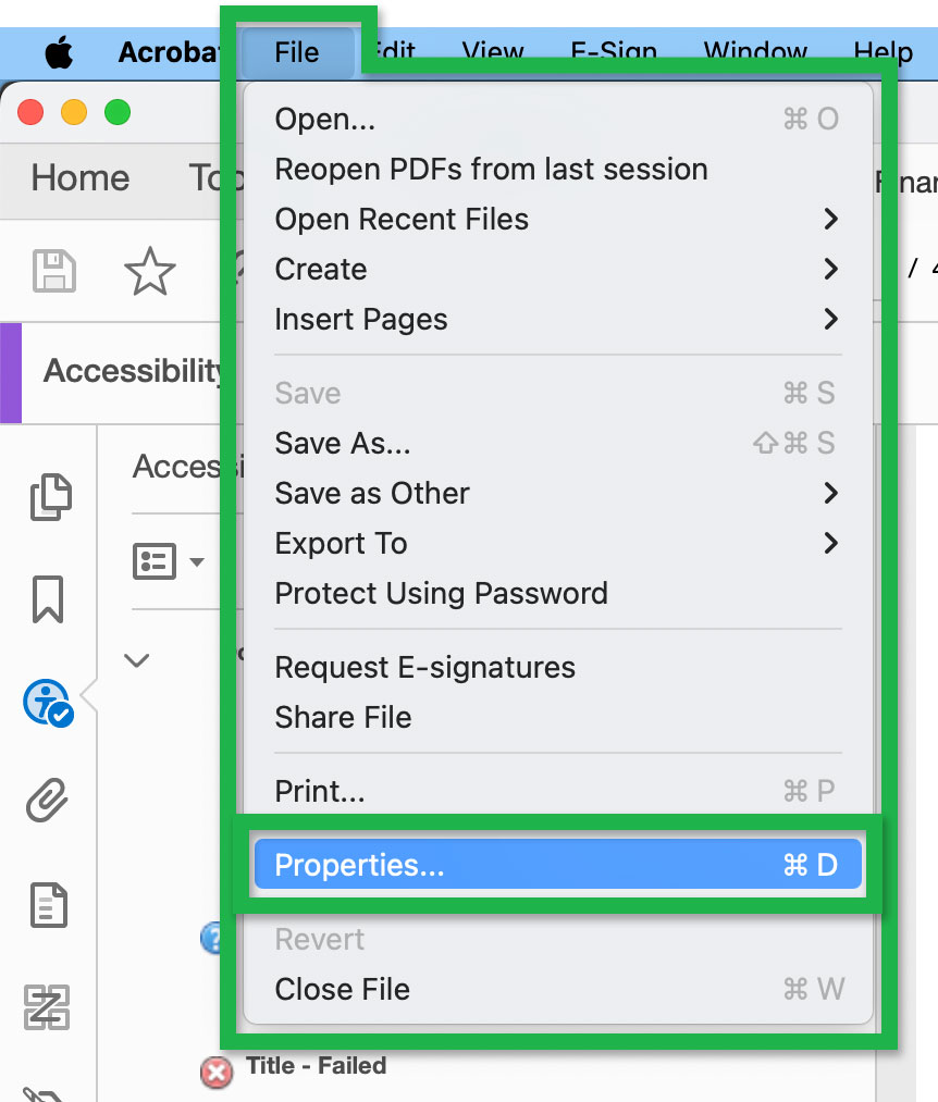 Screenshot highlighting the 'Properties...' option in the open 'File' menu of a PDF file in Acrobat.