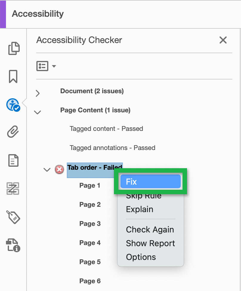 Screenshot highlighting 'Fix' option when right-clicking 'Tab order - Failed' in the 'Accessibility Checker' results.