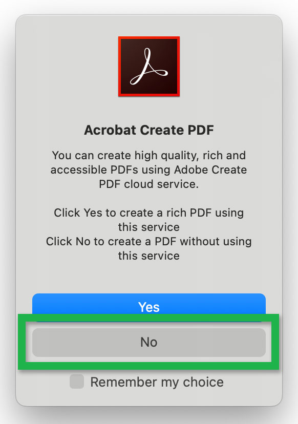 Screenshot of the 'Adobe Create PDF' window highlighting the 'No' button.