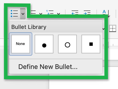 Screenshot highlighting the 'Bullet Library' options