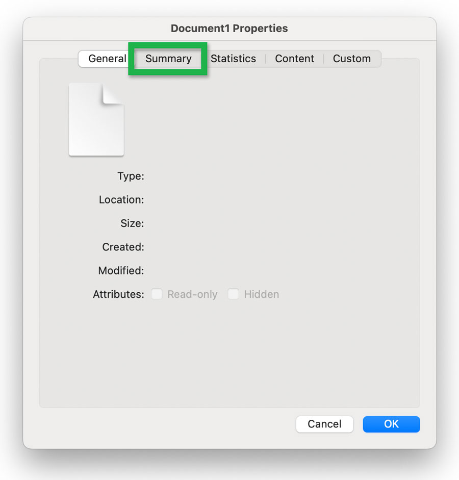 Screenshot highlighting the 'Summary' tab of the 'Document Properties' window