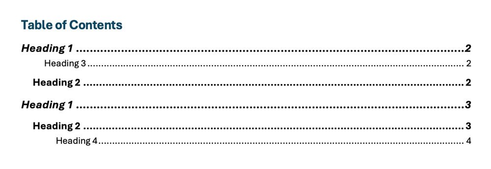 Screenshot of a Word document's table of contents where the order is heading 1, heading 3, heading 2, heading 1, heading 2, and heading 4