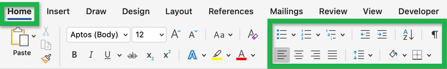 Screenshot highlighting the 'Paragraph' panel within the 'Home' tab of a Word document.