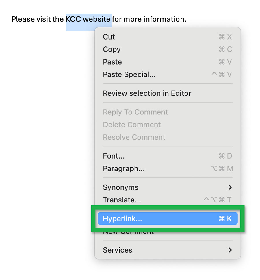Screenshot of the right-click menu of selected text highlighting the 'Hyperlink...' option.