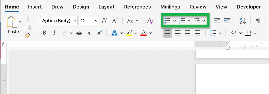 Screenshot highlighting the 'Bulleted' and 'Numbered' list options in a Word document