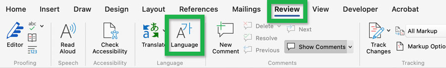 Screenshot highlighting the 'Language' tool of the 'Review' tab