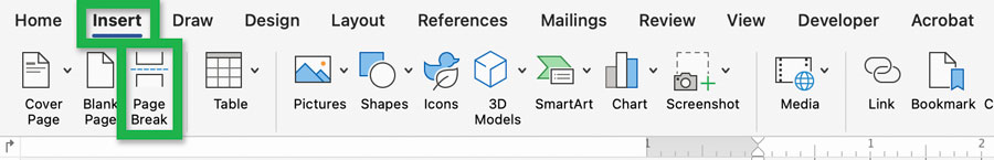 Screenshot highlighting the 'Page Break' tool in the 'Insert' tab