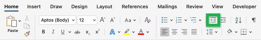 Screenshot highlighting the 'Decrease Indent' tool in the 'Paragraph' panel of the 'Home' tab.