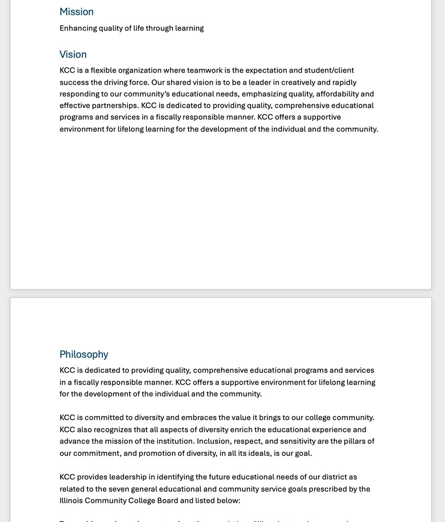 Screenshot showing the same page but with the new section and heading moved to the next page