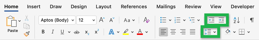 Screenshot highlighting the locations of the 'Decrease Indent', 'Increase Indent', and 'Line and Paragraph Spacing' tools in Word