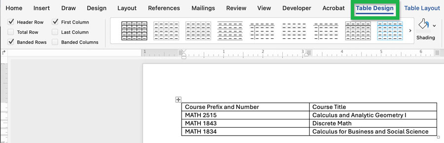 Screenshot highlighting the location of the 'Table Design' tab in Word